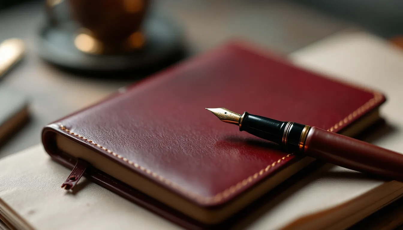 Oxblood leather portfolio and fountain pen on a linen desk
