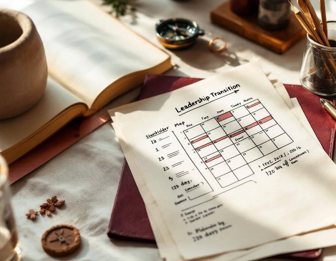 A hand-drawn stakeholder map and 120-day plan on a planning desk